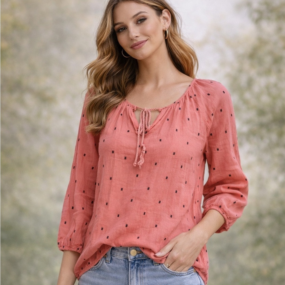 J.Crew Pink Embroidered Peasant Blouse XS Boho Cottagecore Tie Neck Top